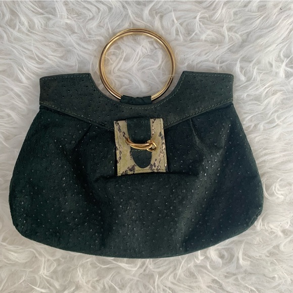 Vegan leather purse dark green w/goldtone “bracelet” ring handle; ostrich, snake - Picture 4 of 14